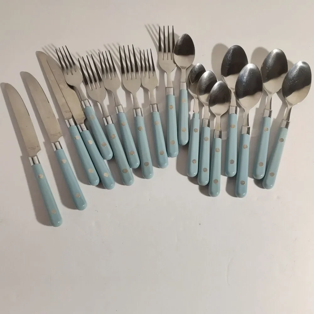 Vintage 18Pc Sky Blue Plastic Riveted Handle Stainless Flatware Made in Taiwan